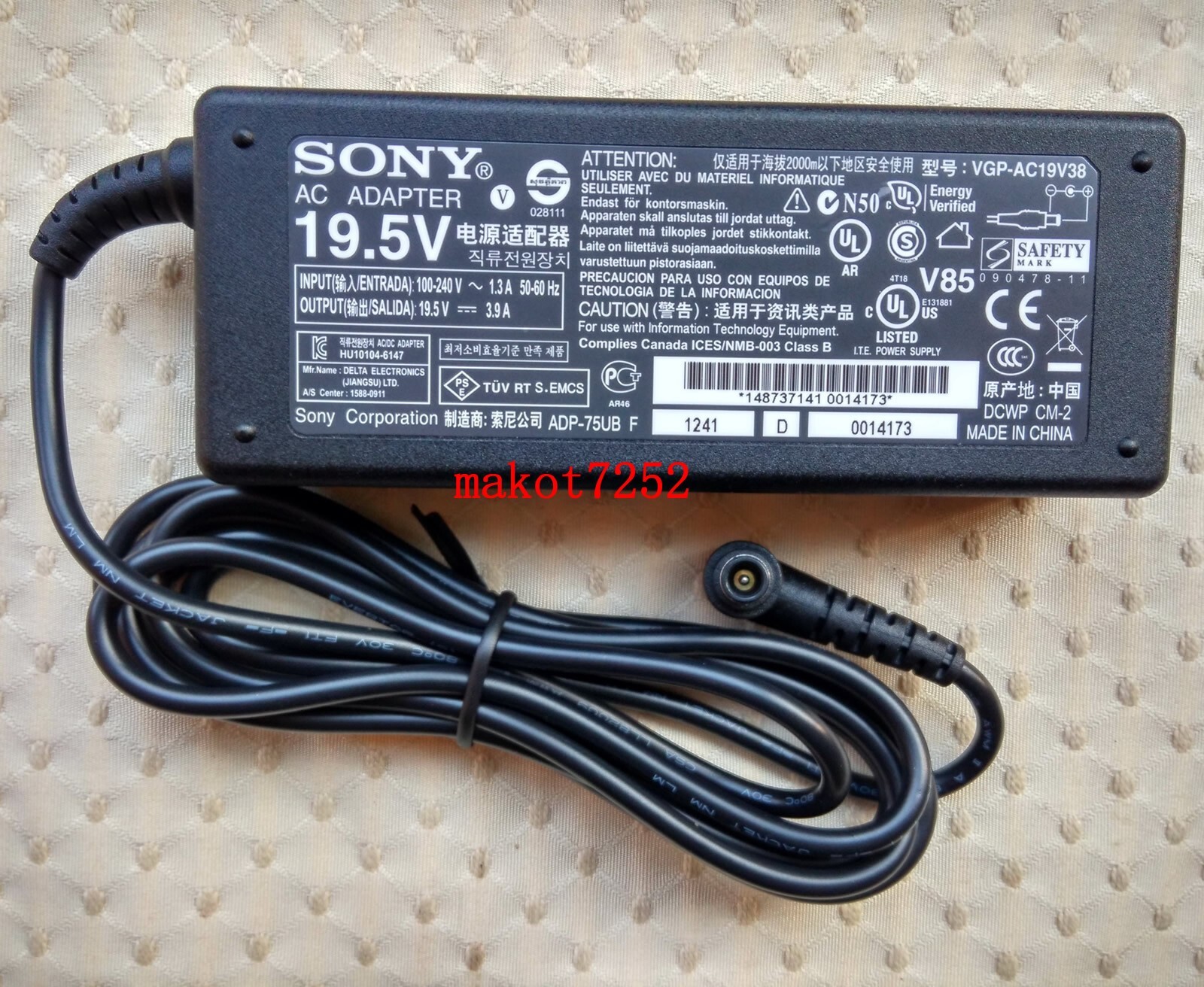 New Original OEM Sony 19.5V 3.9A Cord/Charger Vaio SVS151G2AL,SVS151E2AL Laptop@