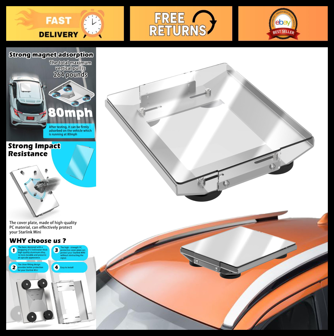 265 lbs Magnetic Flat Mount Kit for Cars - Premium Aluminum, 360° Protection for