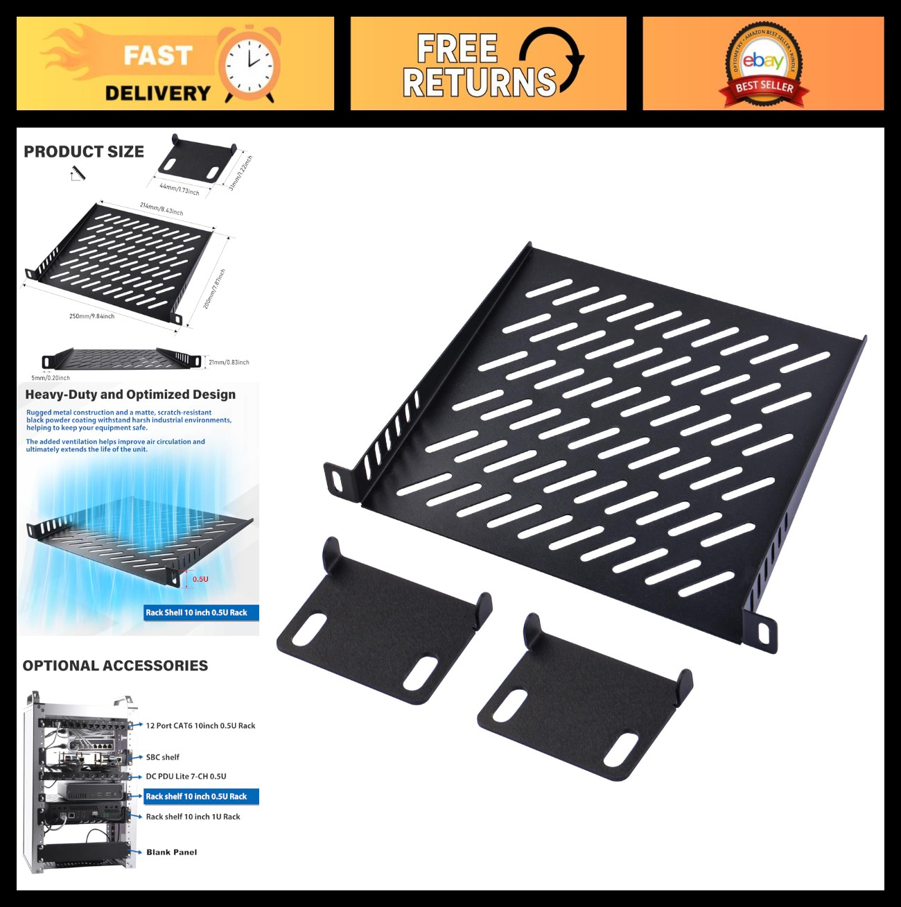 Vented 0.5U Server Rack Shelf, 7.87" Depth Cantilever Tray for 10" Network Racks