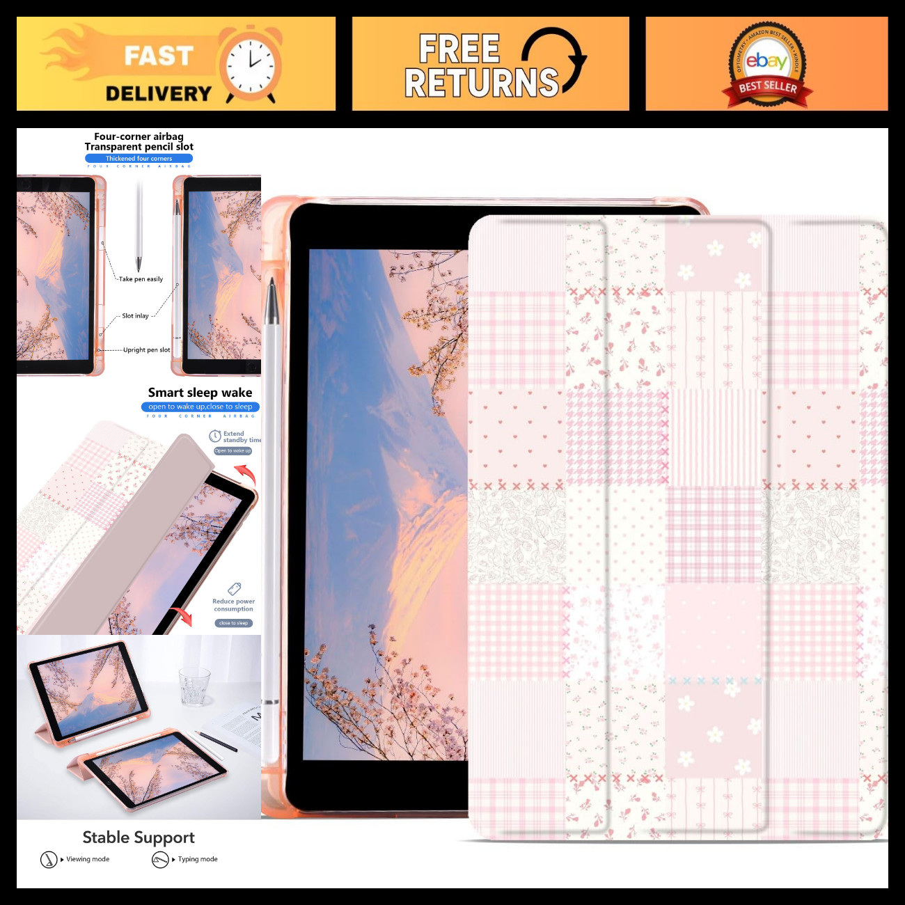 Pink Floral Patchwork Trifold Case for iPad 10.2" 9th/8th/7th Gen - Soft Leather