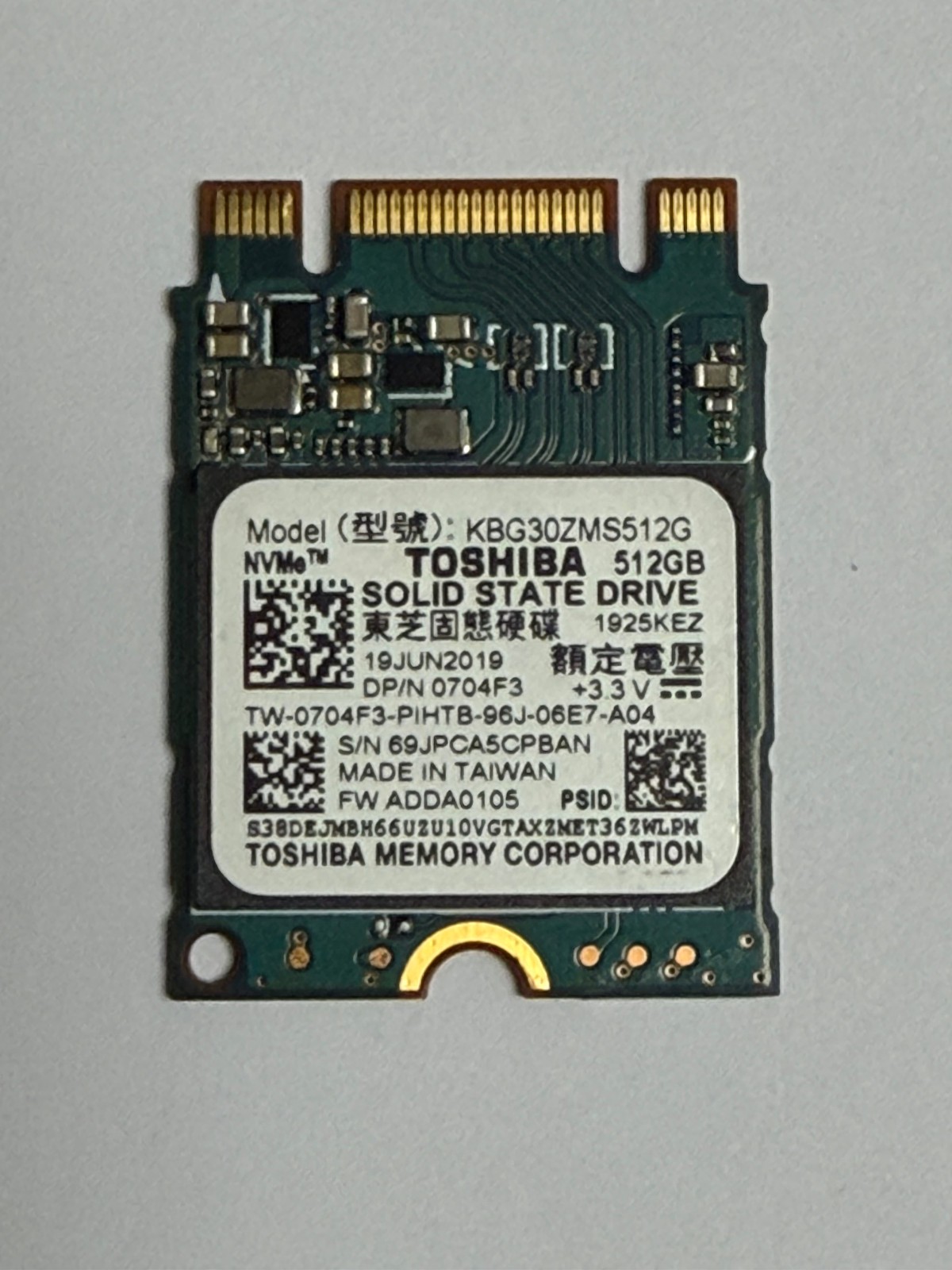 Toshiba BG3 CSSD KBG30ZMS512G 512GB NVMe PCIe Gen3x2  M.2 2230 TLC Internal SSD