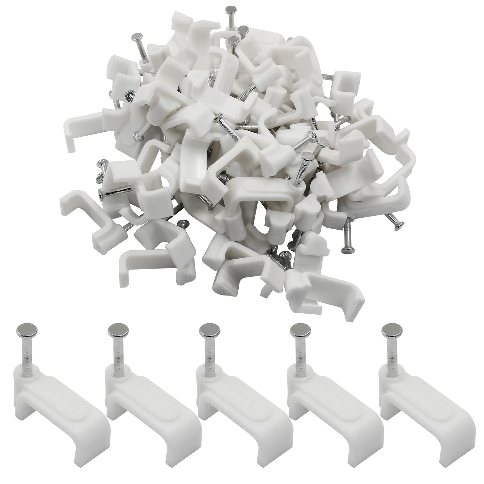 100 PCS 14mm White Flat Cable Clips Ethernet Speaker Wire Nails Management