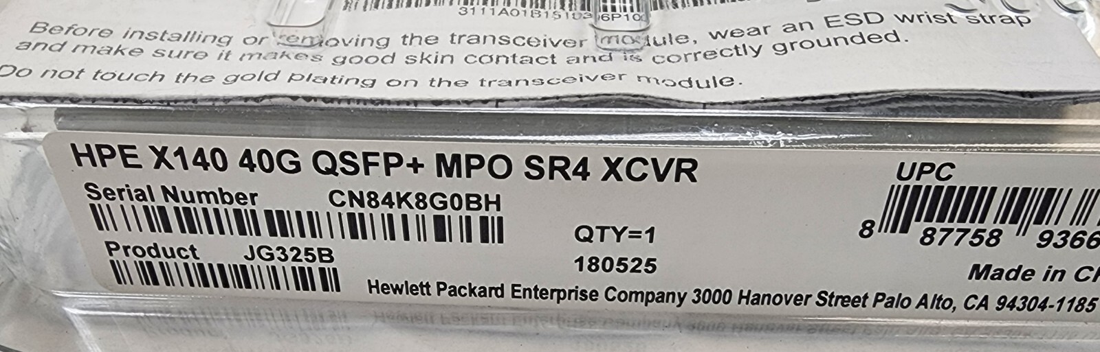 JG325B  HPE X140 40G QSFP+ MPO SR4 Transceiver