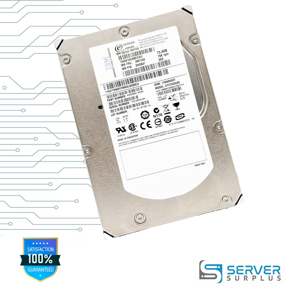 IBM 73.4GB SAS 15K 3.5 in Enterprise HDD | 39R7348 | ST373455SS | 40K1043