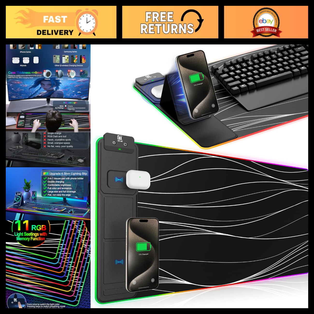 XXL RGB Gaming Mouse Pad with Phone Holder & 15W Fast Charging, Waterproof Non-S