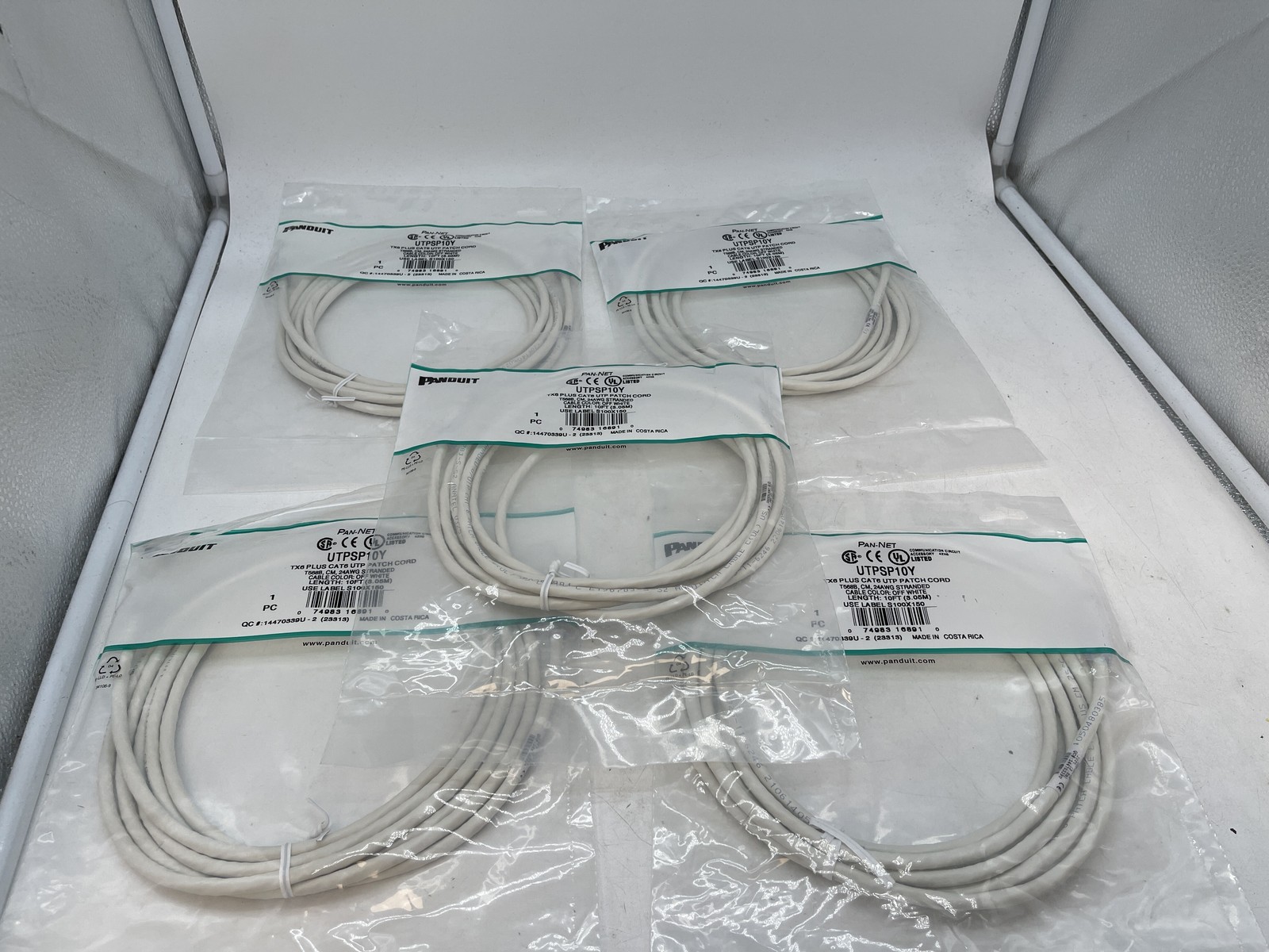 Lot of 5, New, Panduit UTPSP10Y Patch Cord Off White CAT 6 UTP Stranded 10FT