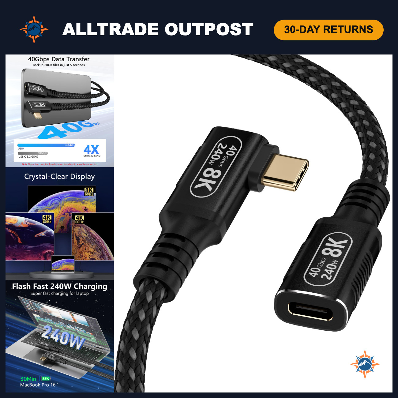 Ultra-Short 1.6FT USB C Extender Cable, 90° Right Angle, 40Gbps Data, 240W Charg