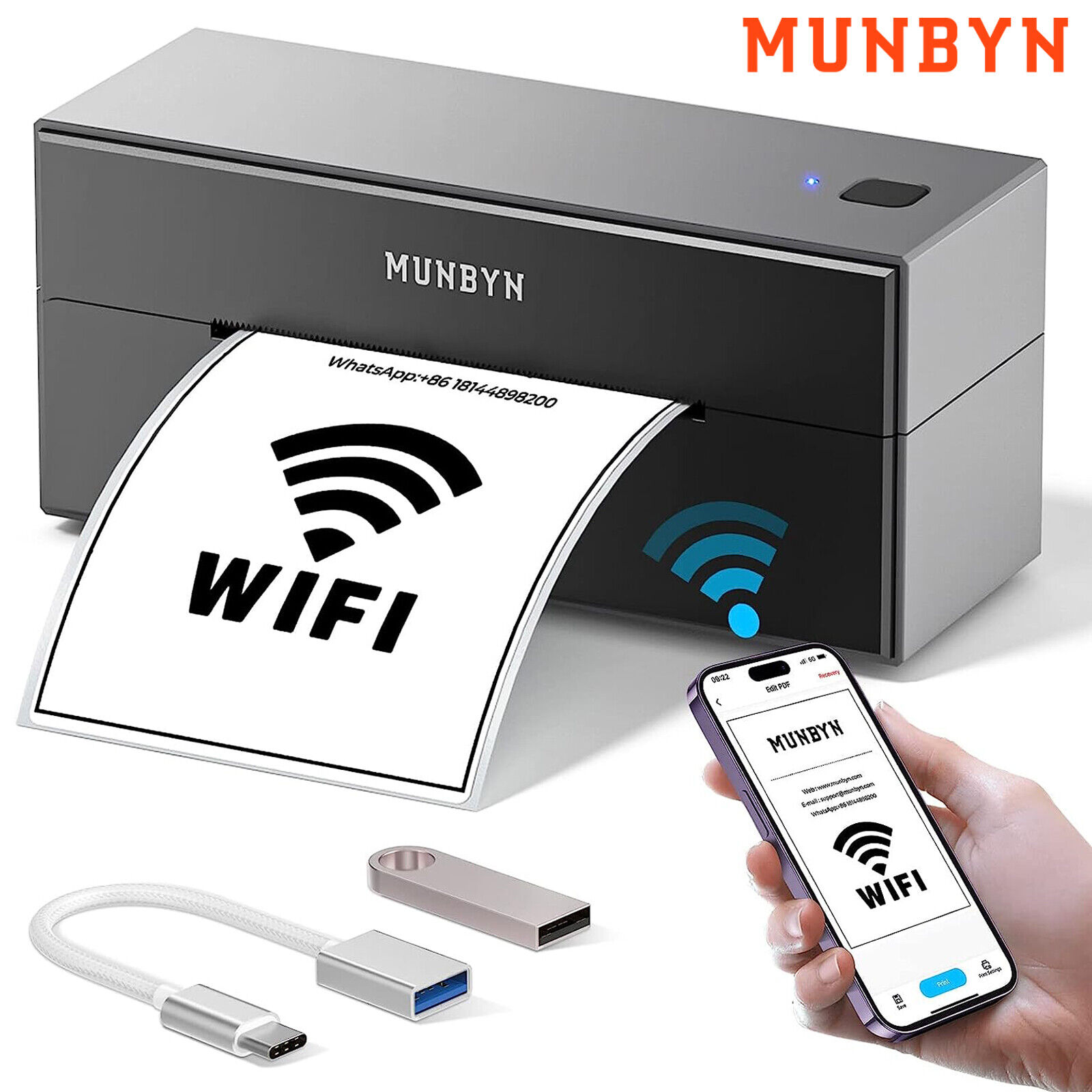 MUNBYN Wi-Fi Thermal Shipping Label Printer True Wireless 4x6 Label for USPS UPS