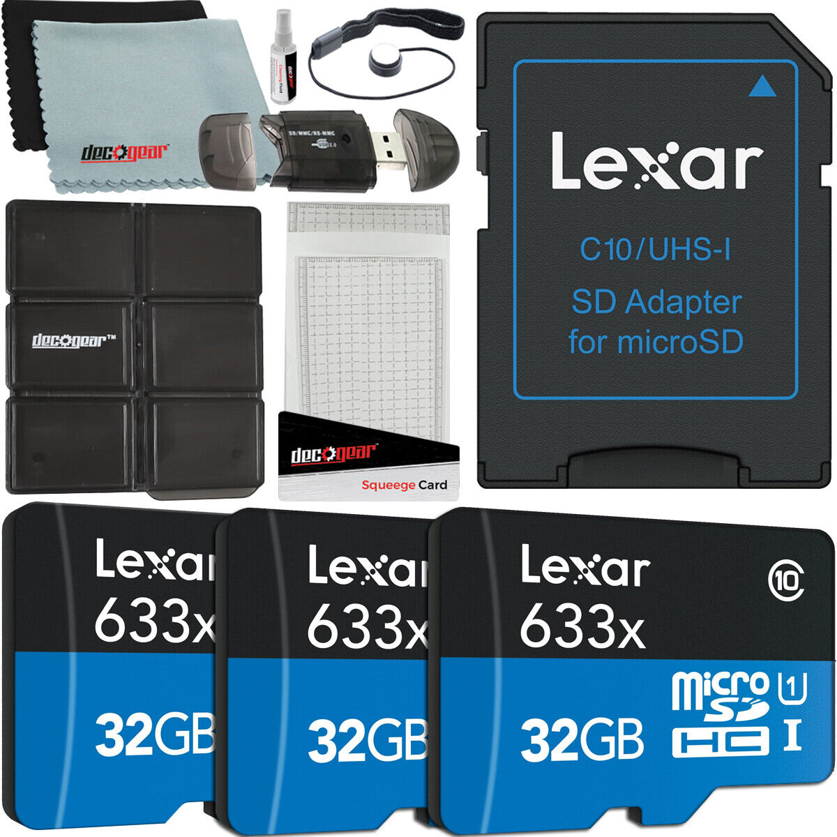 Lexar 3 Pack 32GB (96GB Total) MicroSDHC UHS-I Memory Cards + SD Adapter Bundle