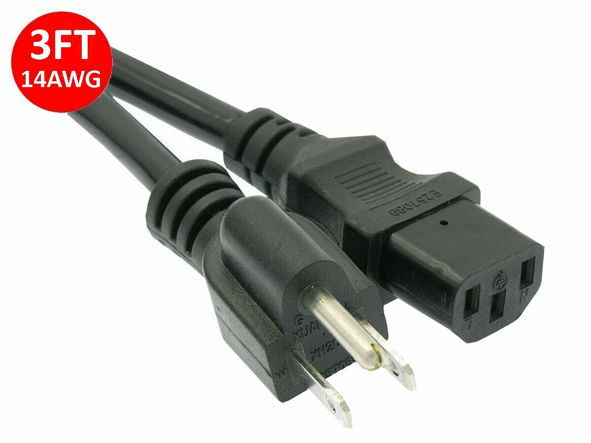 3Ft 14awg Gauge Heavy Duty 15A PC Power Cord Computer TV Cable 5-15P to C13 UL