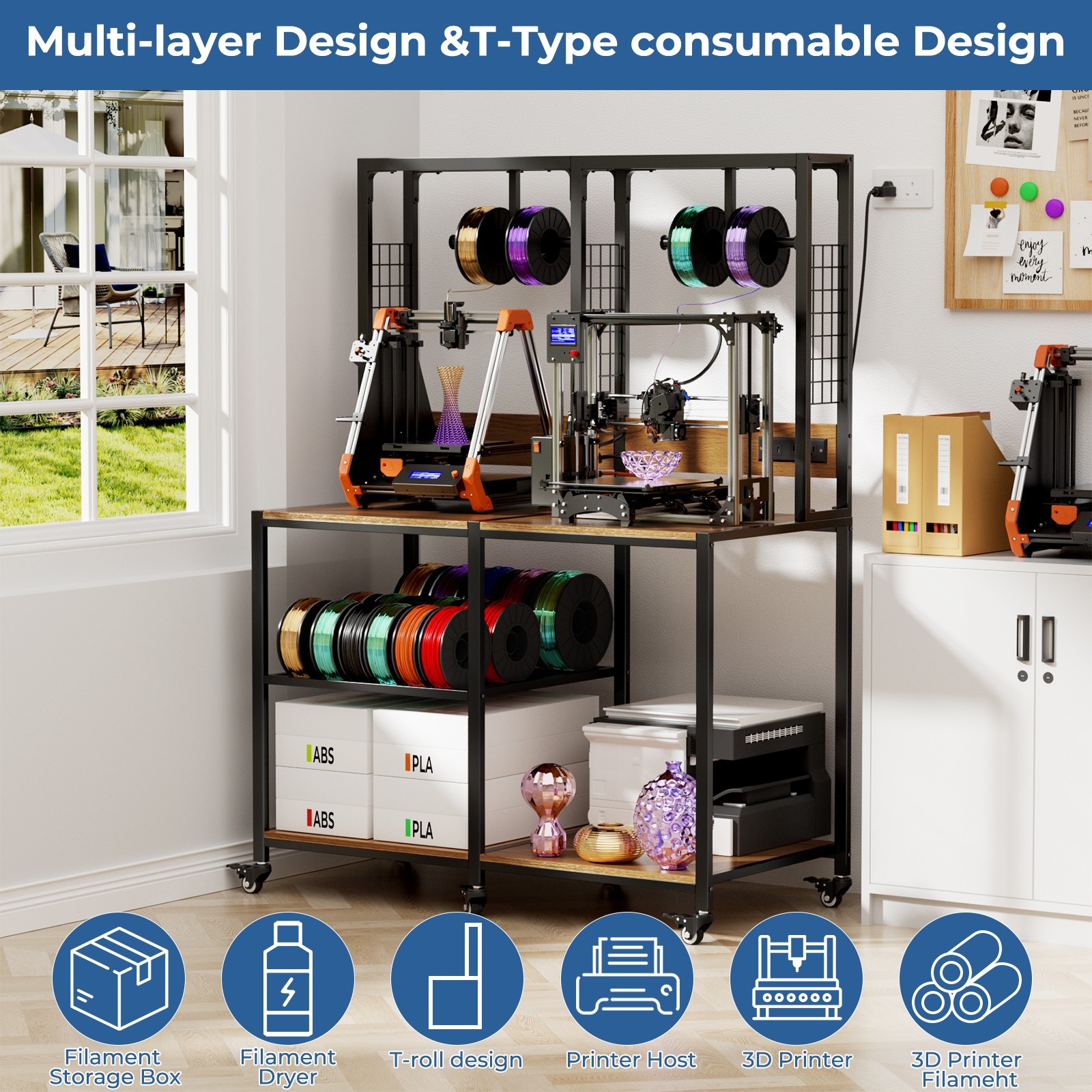 Double 3D Printer Stand with Filament Storage Heavy Duty Metal Frame Workbench