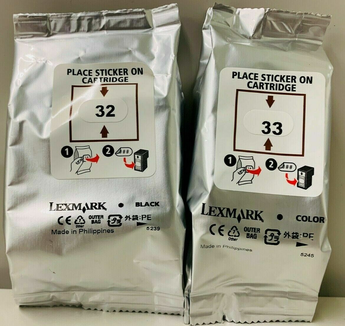 2 Pack Original Genuine OEM Lexmark 32 Black & 33 Color Printer Ink Cartridges
