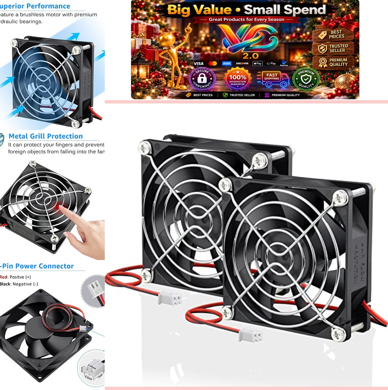 80mm x 25mm 12V DC Brushless Cooling Fan 2 Pin 2 Pack with Grill 2800 RPM