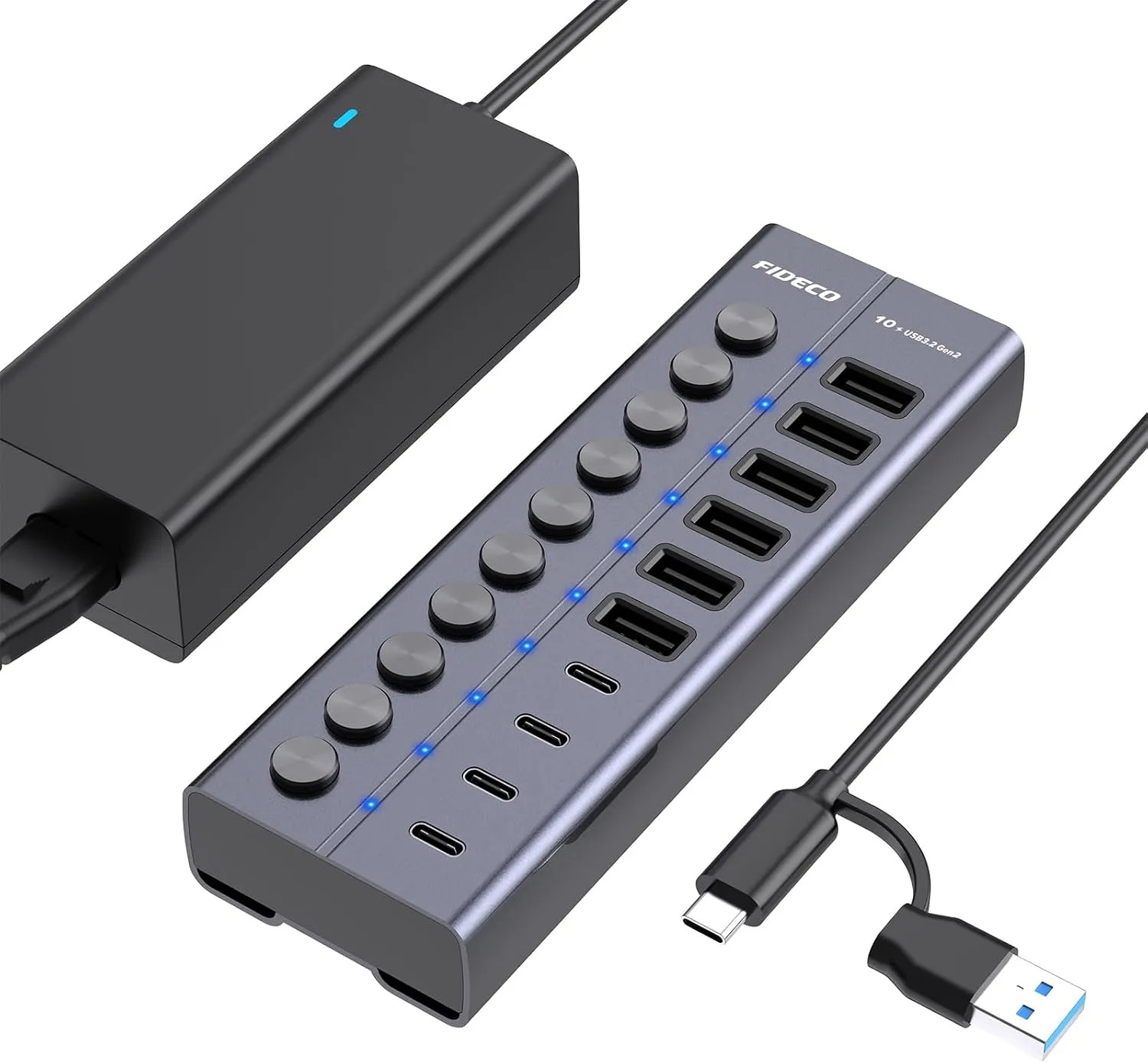 60W Powered 10 Port USB Hub 10Gbps USB Splitter With Adapter For Laptop And PC