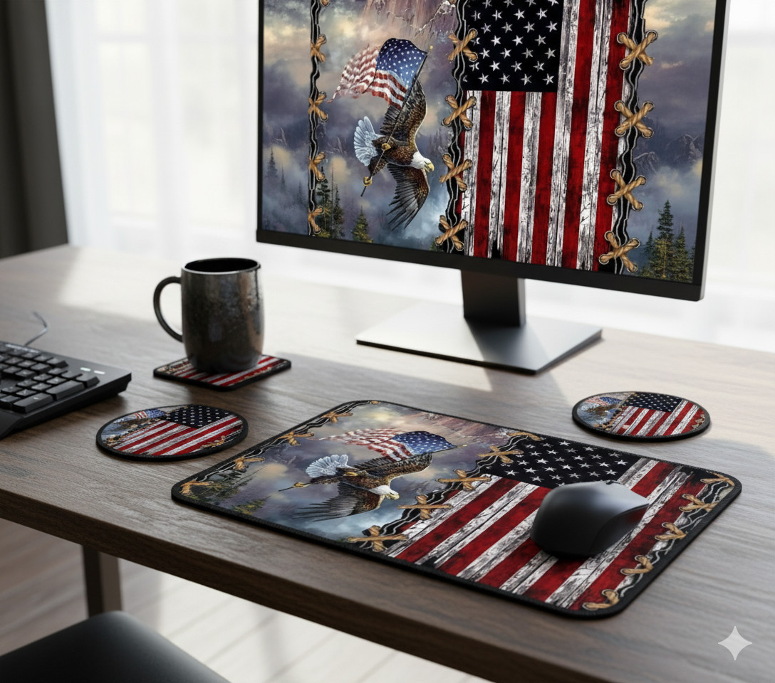Bald Eagle American Flag Mousepad Coasters Patriotic Flying Bird USA Veteran Gif