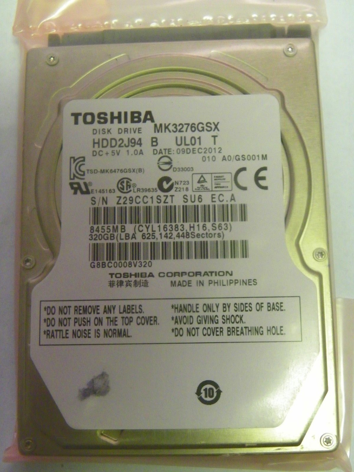 Toshiba MK3276GSX (HDD2J94 B UL01 T) 010 A0/GS001M Laptop 320GB 2.5" SATA HDD