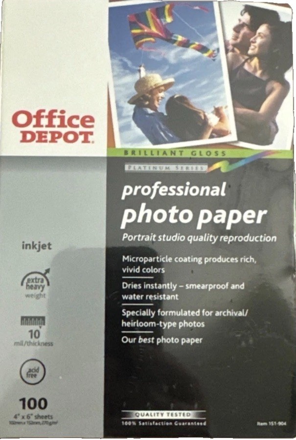 NEW 100 Sheets Office Depot Professional Photo Paper Gloss 4" x 6" 10 mil/