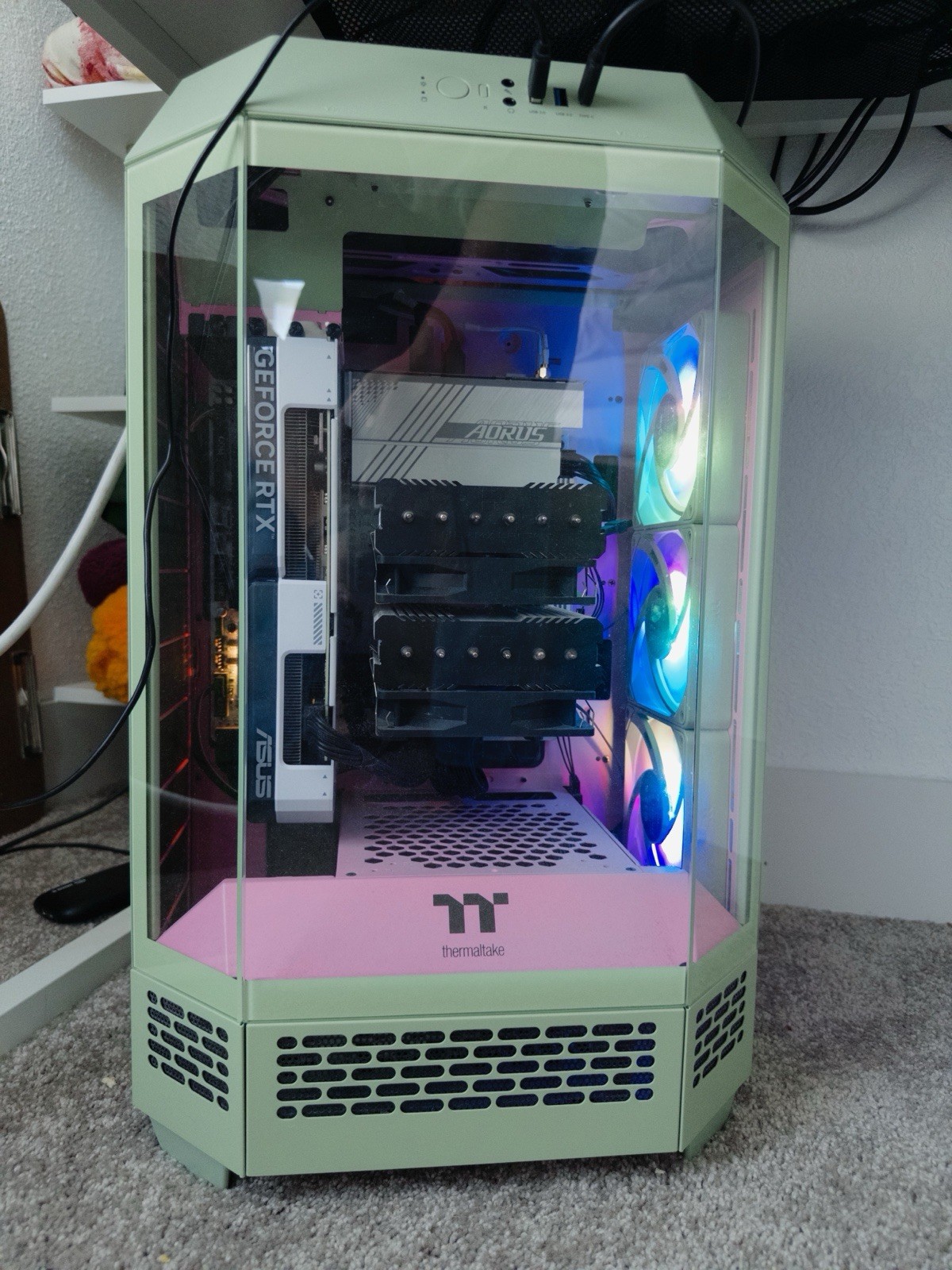 High End Custom Built Gaming PC in Thermaltake The Tower Green/Pink RGB