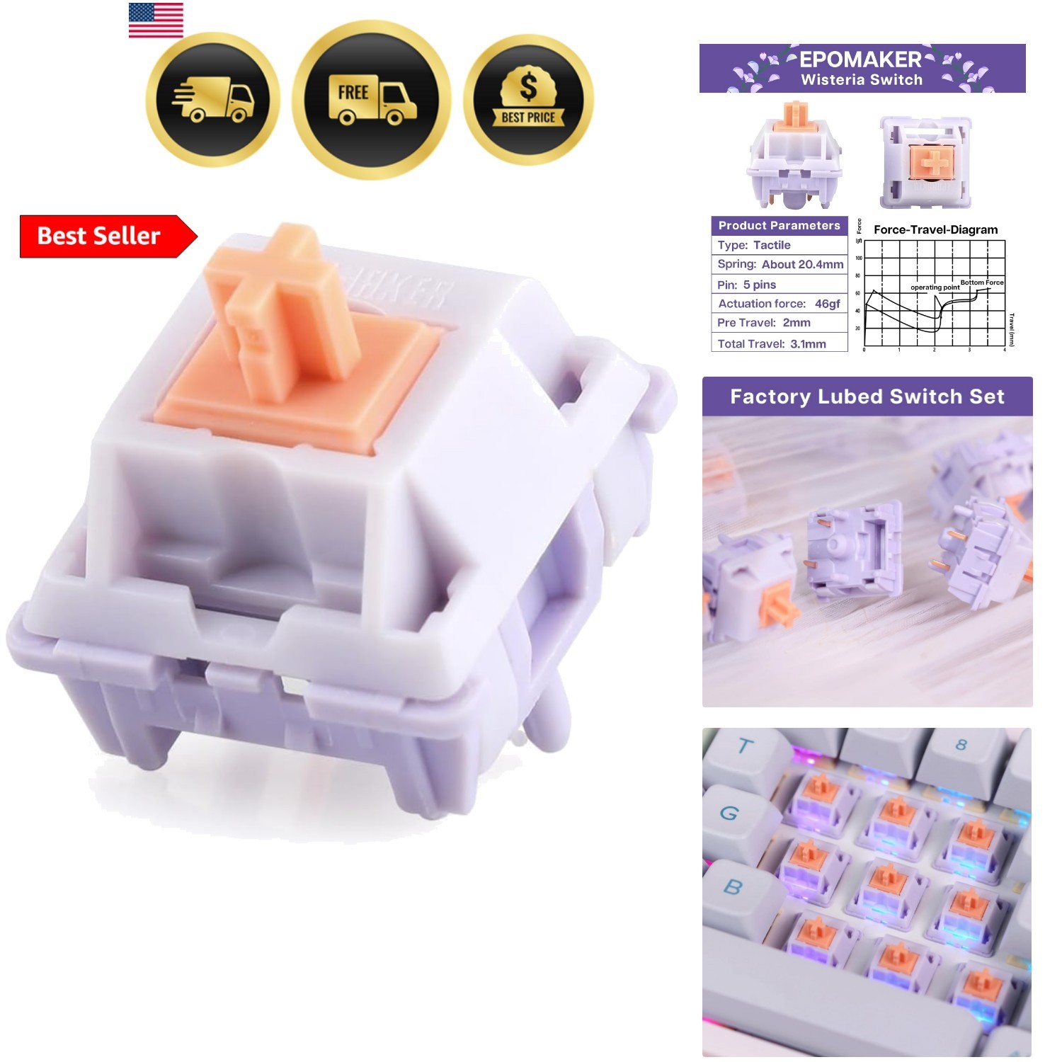 Mechanical Switches Set for Mechanical Gaming Keyboard, 100 Pieces, Pre-Lubed...