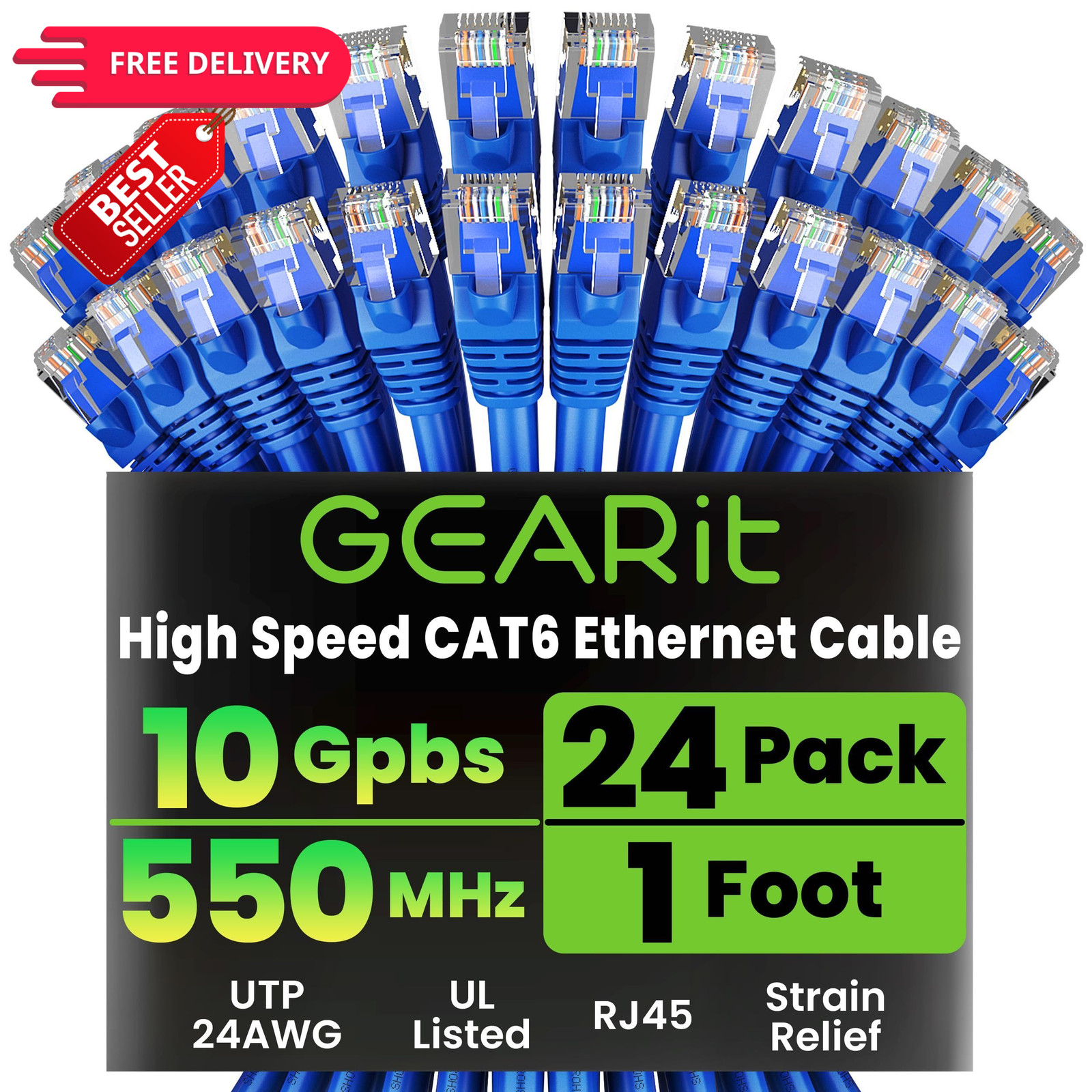 GEARit Cat6 Patch Cables Cat 6 Ethernet Cable 1 ft 24-Pack Blue 1 Foot,