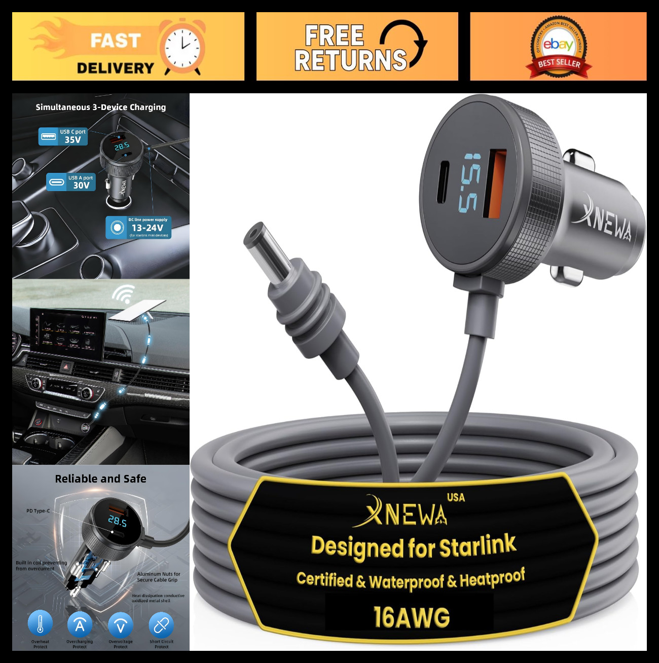 5M Starlink Mini Car Adapter 3-in-1 Power Cable | Waterproof for Cars, Trucks, R