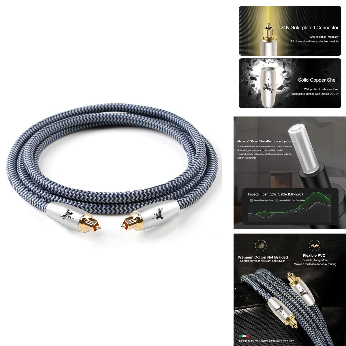 Impeto Premium Fiber Optic Audio Cable 3.2ft (1m) Toslink S/PDIF 24K