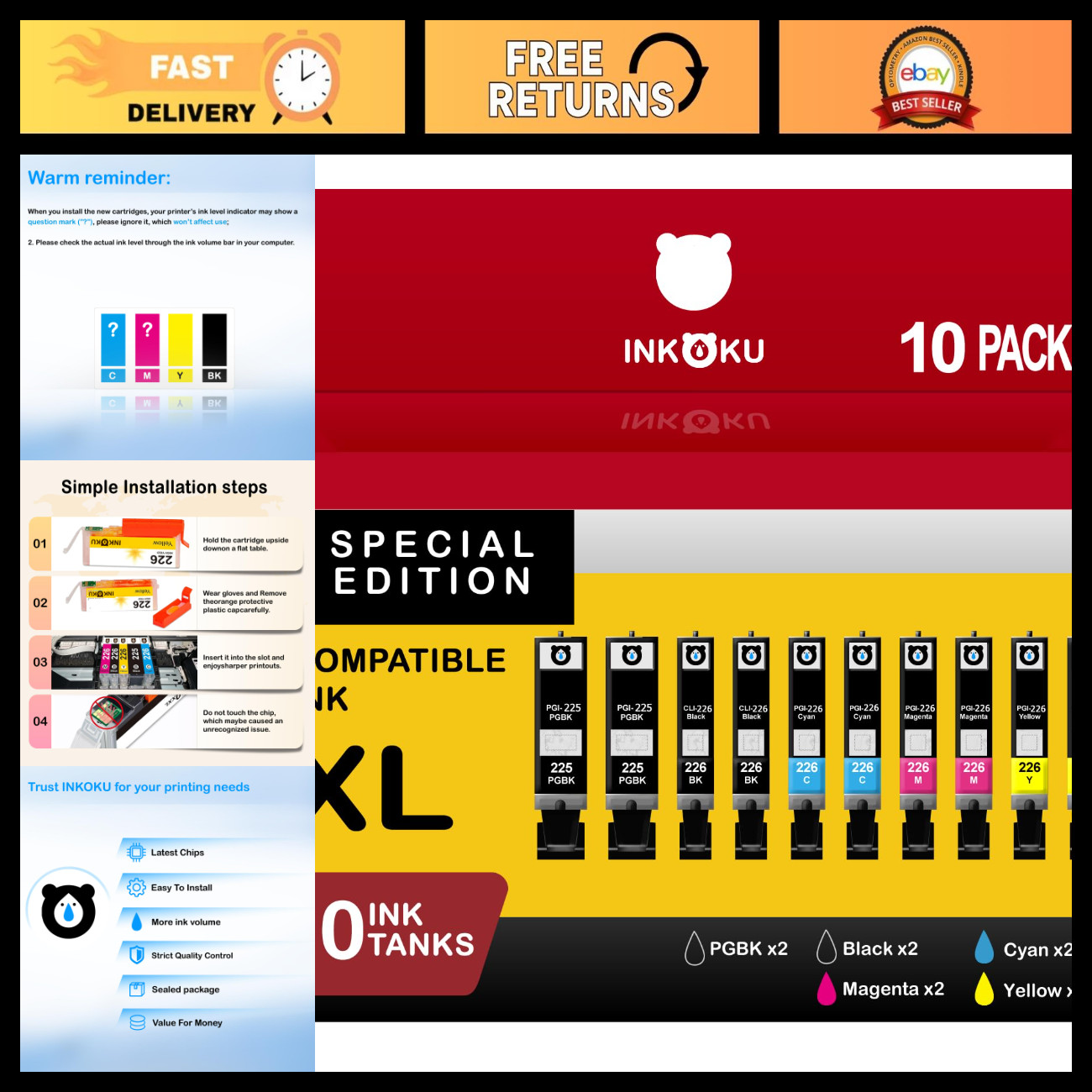10-Pack Compatible Ink Cartridges for Canon PIXMA PGI-225 CLI-226 High Yield