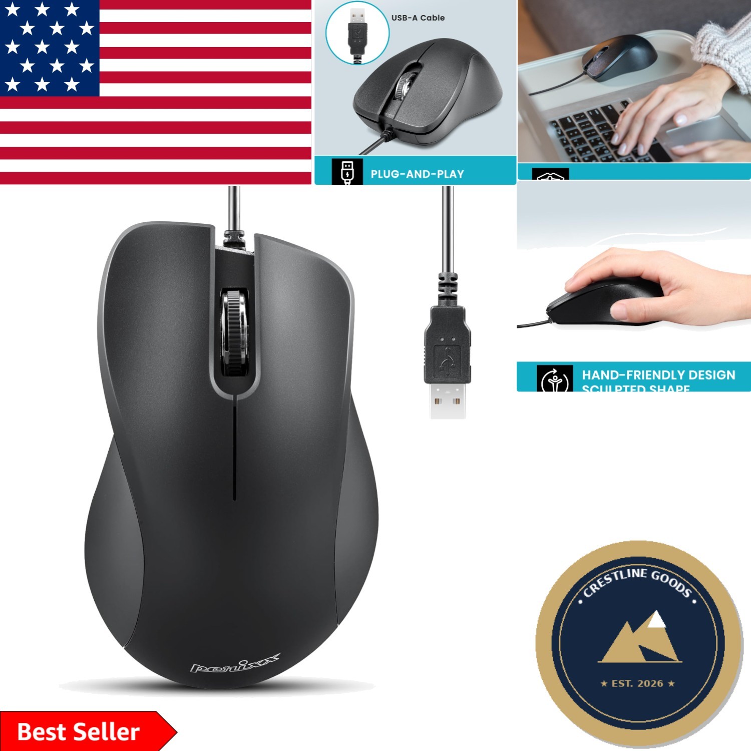 Compact Ergonomic USB Mouse with Silent Clicks - Perfect for Home and Office Use