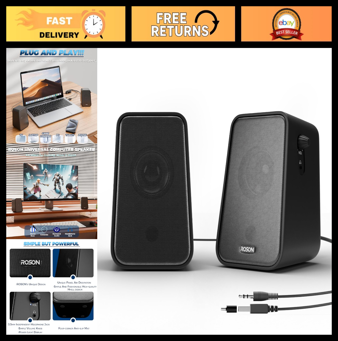 Compact USB Computer Speakers with Enhanced Bass, Volume Control & Headphone Jac