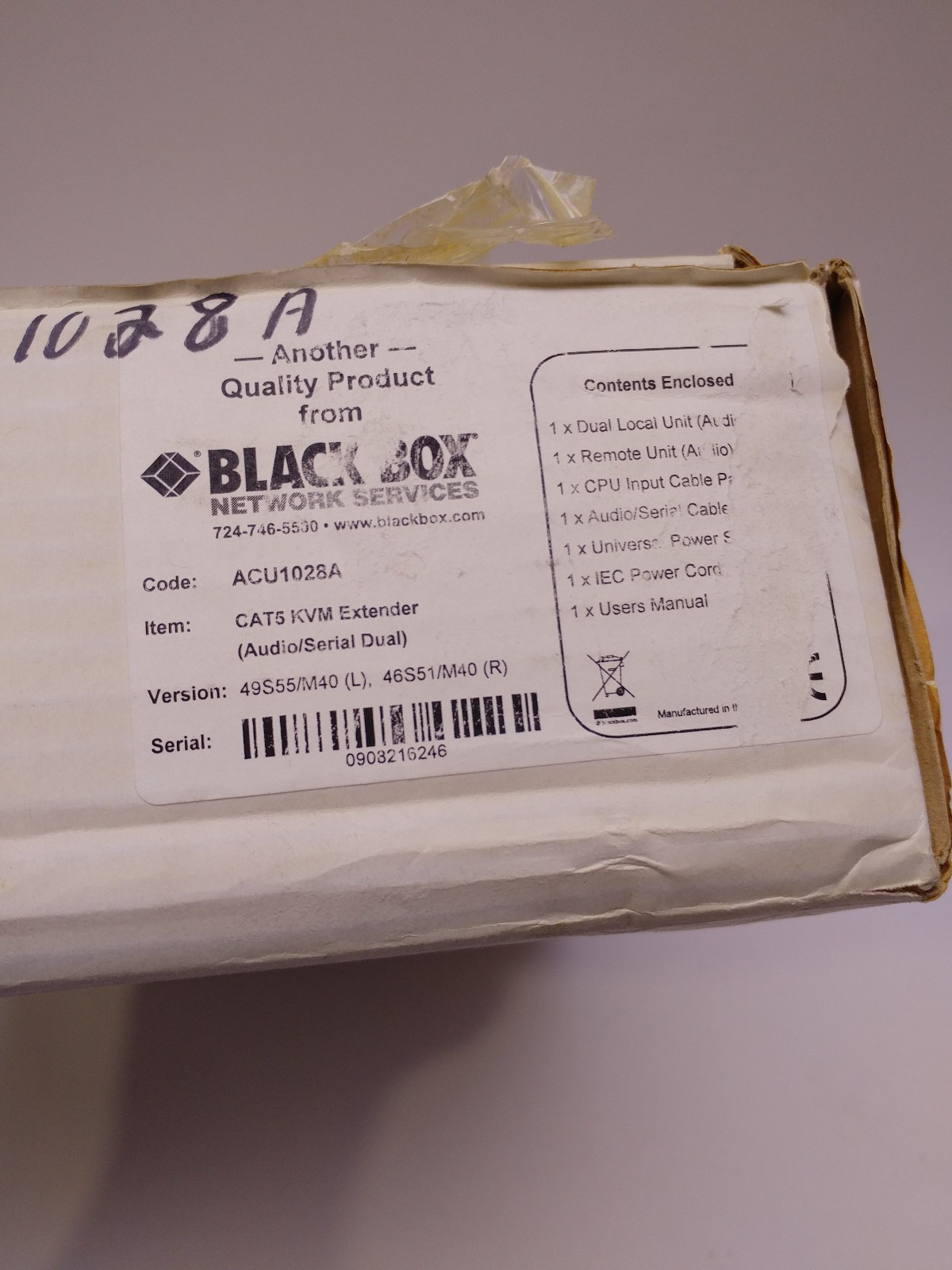 CAT5 KVM Extender 384 FT Black Box VGA/PS/2 ACU1028A ServSwitch COMPLETE TESTED