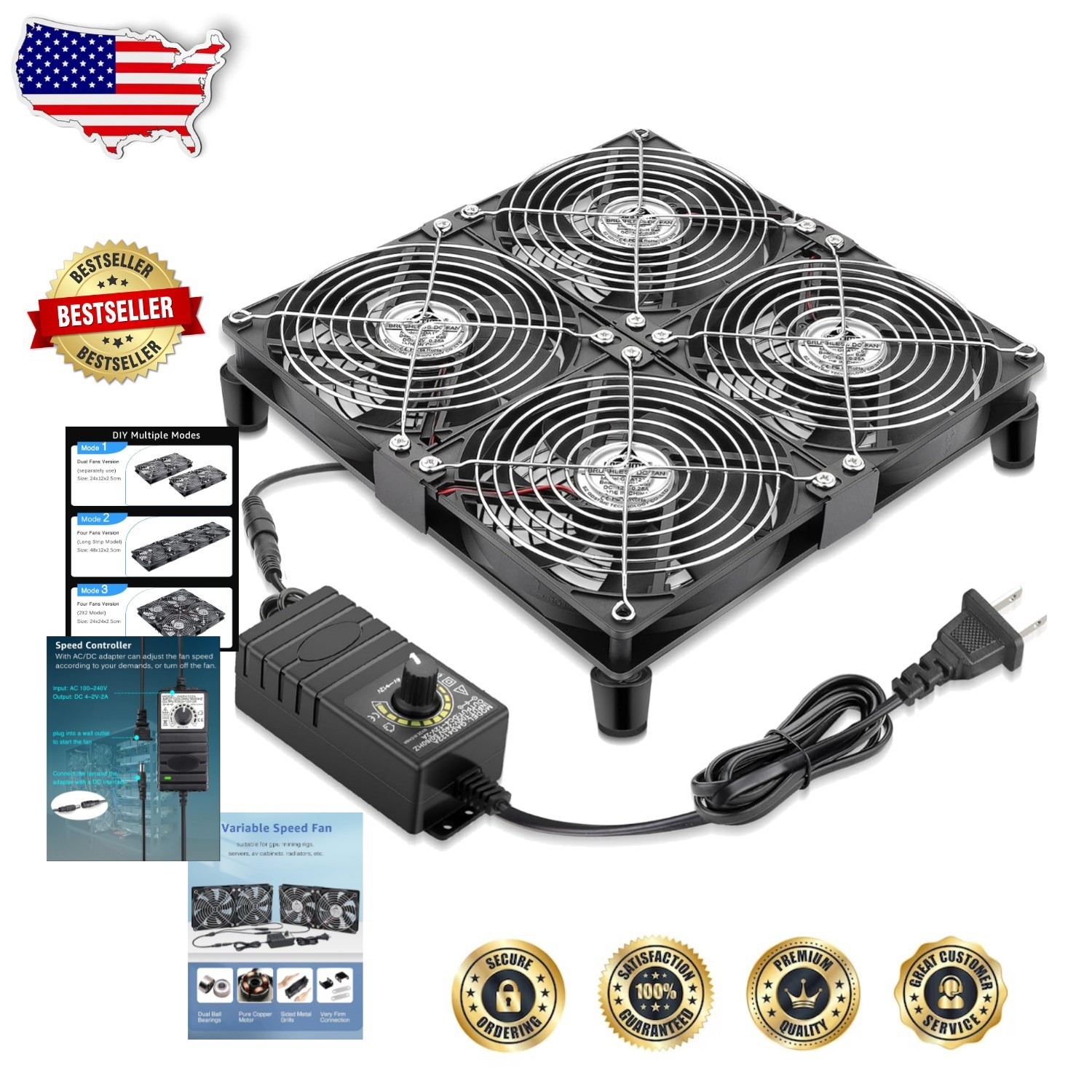 High-Performance 120mm Fans 4X 83.2CFM AC Power Variable Speed Controller