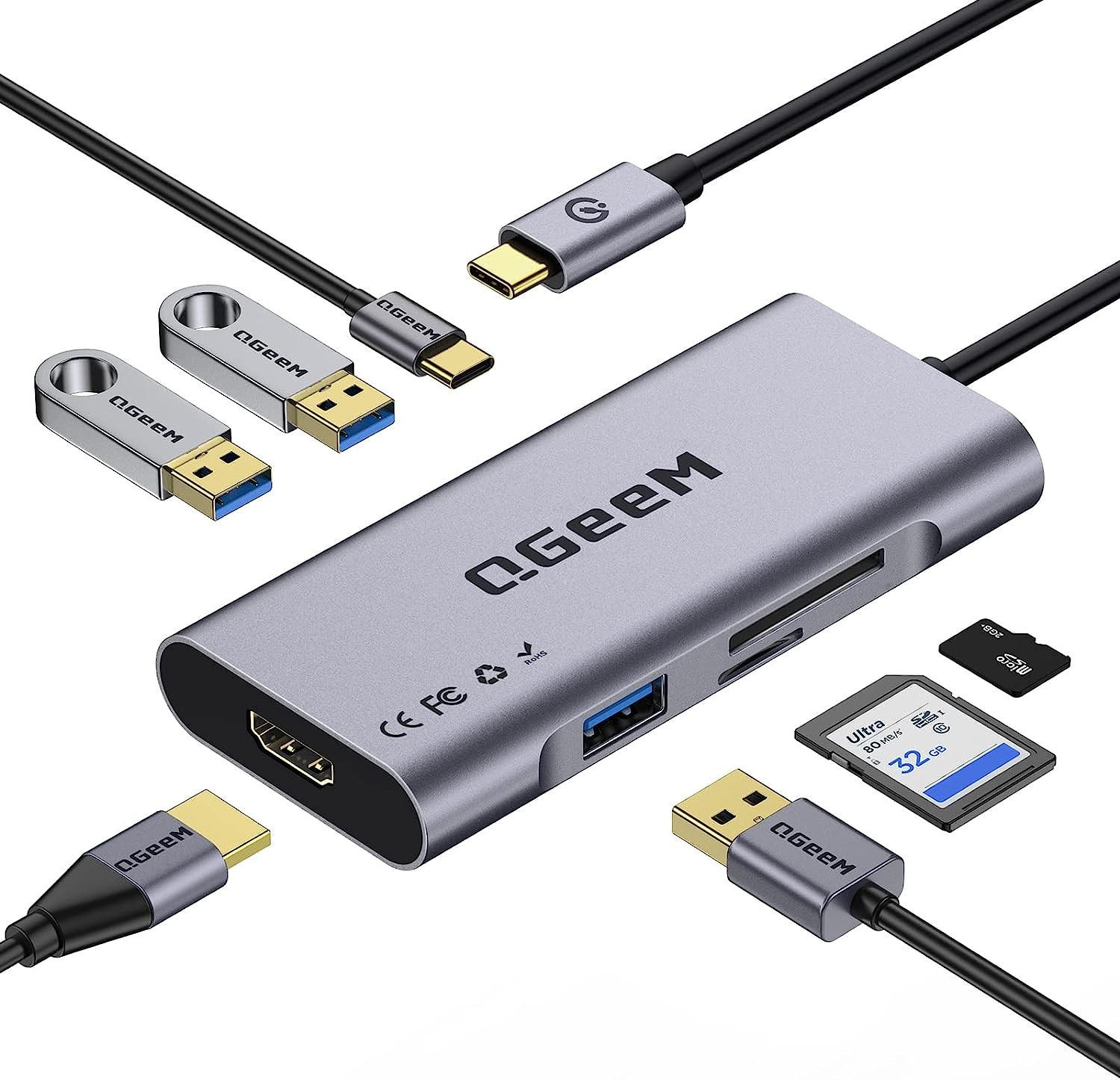 QGeeM 7-in-1 USB C Hub to HDMI Adapter 4k with 100W Power Delivery - GREY