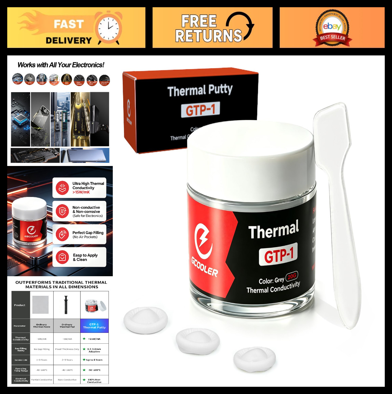 High-Performance Thermal Putty 20g -  15W/mK Non-Conductive Gap Filler for GPU,