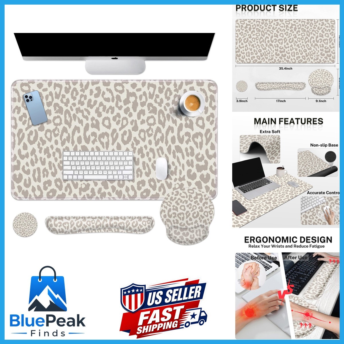 Arttown Leopard Light Khaki 4-in-1 Mouse Pad Set Desk Wrist Rest Coaster
