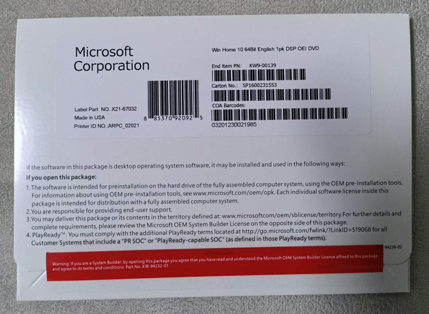 Microsoft Windows 10 pro 64 bit DVD and KEY Freeshipping.