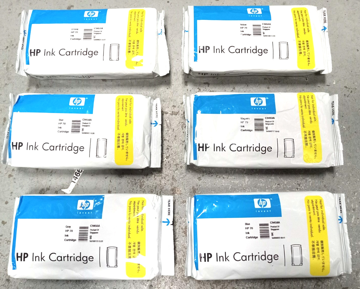 6X HP 70, C9454A, C9451A, C9453A, C9450A, 2X C9458A, Ink Cartridges OEM SEALED