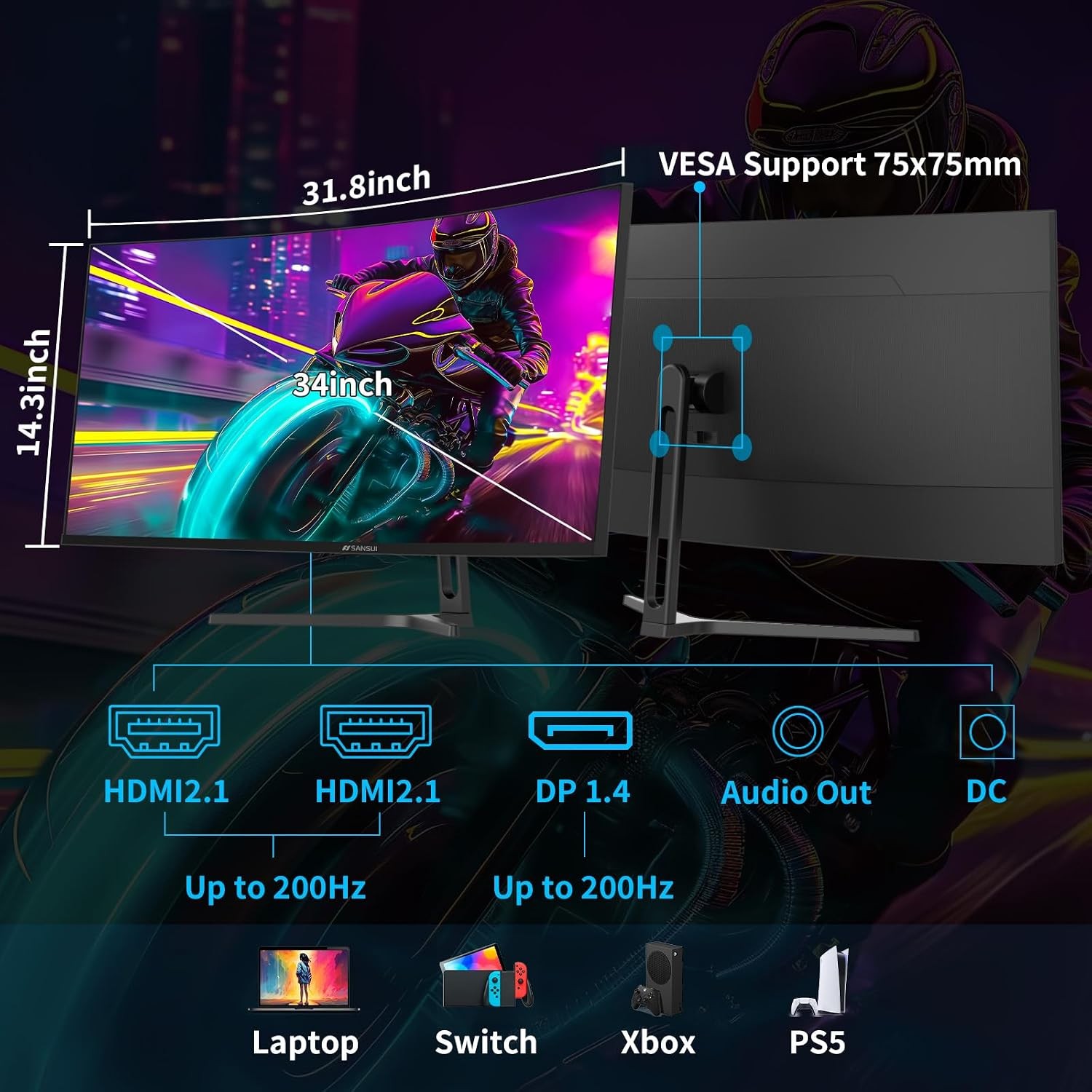 SANSUI 34-Inch Curved Gaming Monitor UWQHD 3440x1440P Up to 200Hz 165Hz SG34C5QK