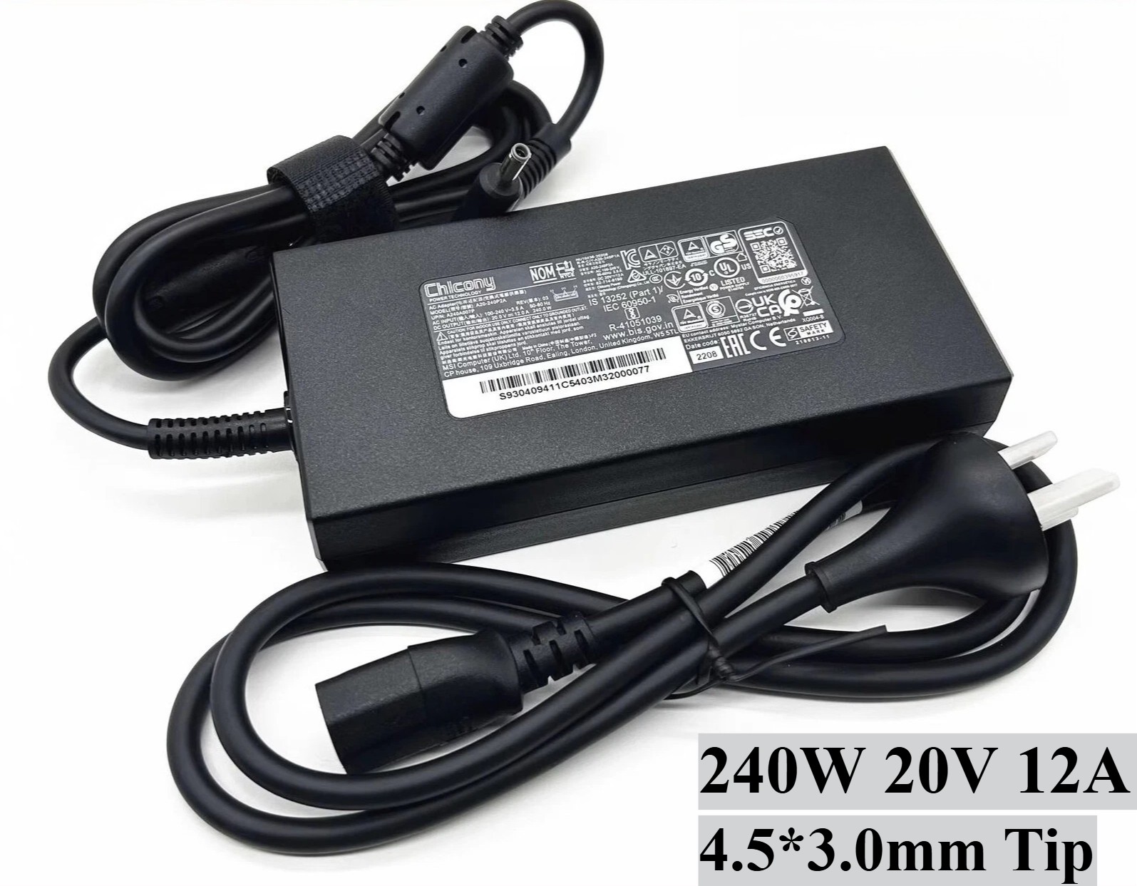 Chicony 240W AC Adapter for MSI Crosshair 15 Katana GF66 4.5*3.0mm Tip Charger