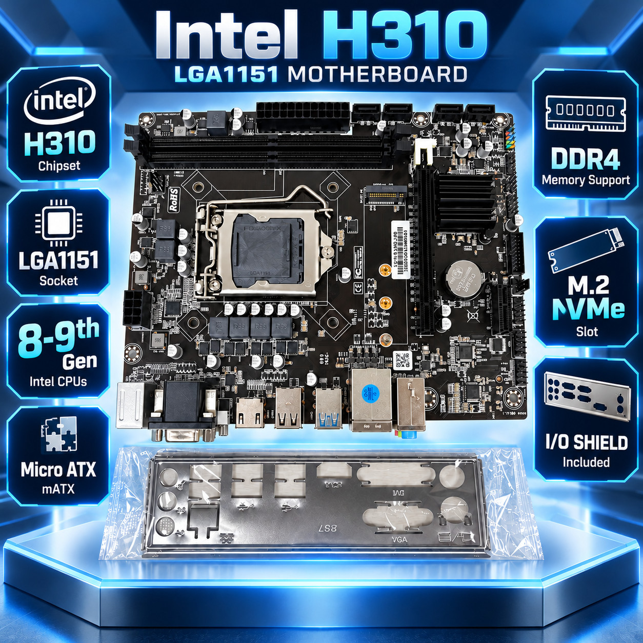 Intel H310 LGA1151 8-9th Gen DDR4 M.2 NVMe mATX Motherboard IO Shield Battery