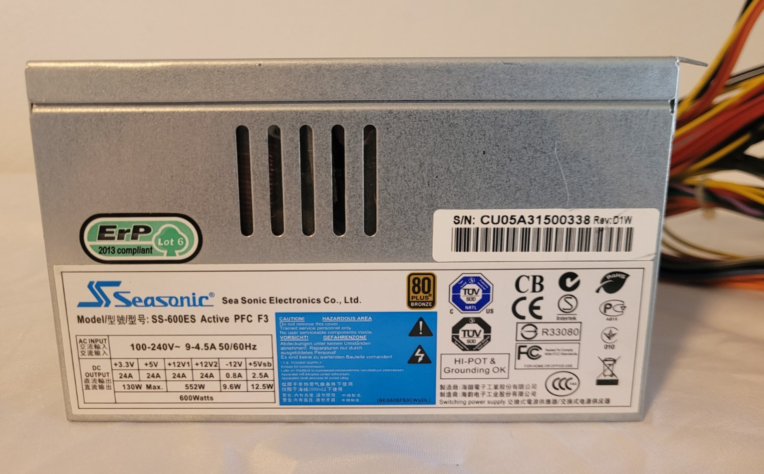 Seasonic SS-600ES Active PFC F3 600 Watt Power Supply | 80 Plus Bronze