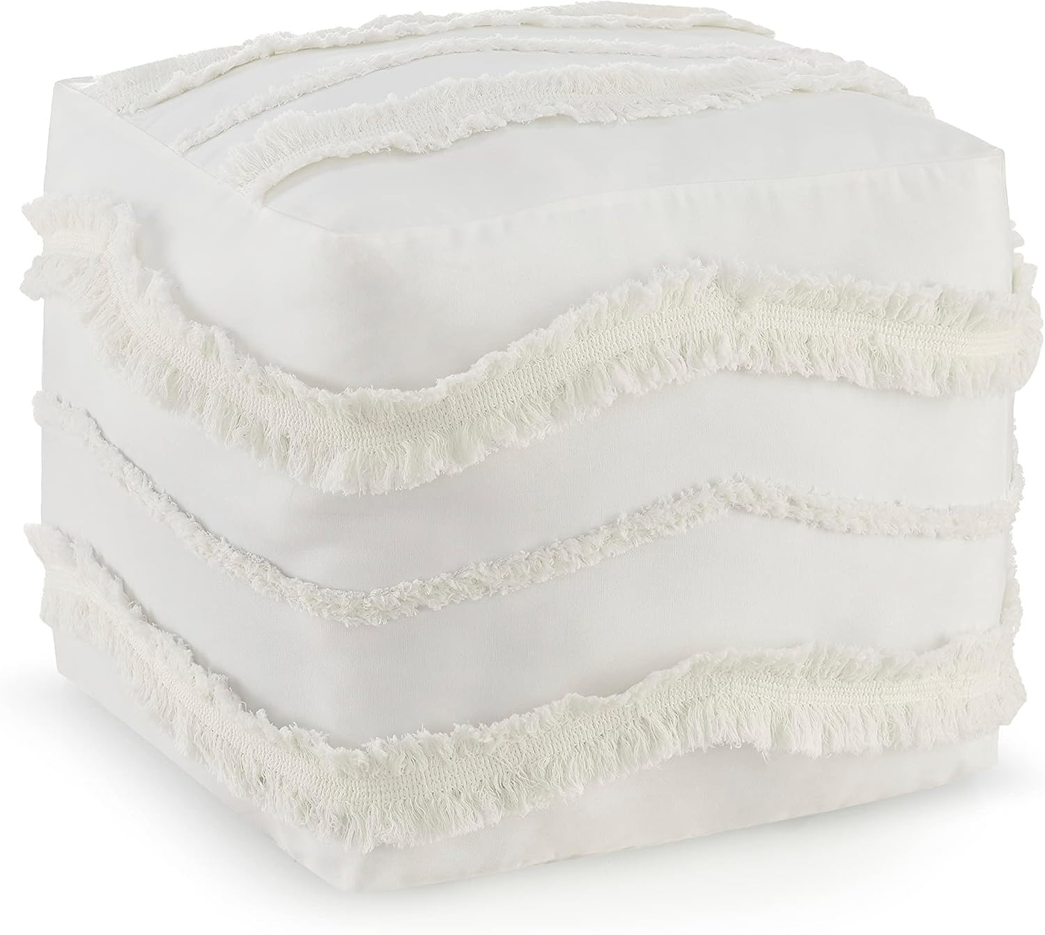 Off White Ivory Canvas Boho Chic Tufted Pouf Cover Square Bohemian Fringe Minima