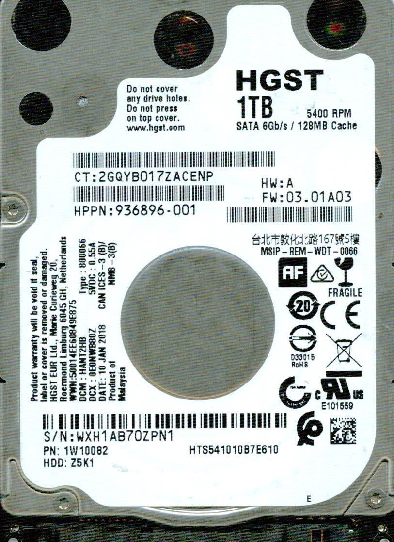 HTS541010B7E610  P/N: 1W10082  DCM: HANT2HB  FW: 03.01A03 HGST SATA 1TB WXH1