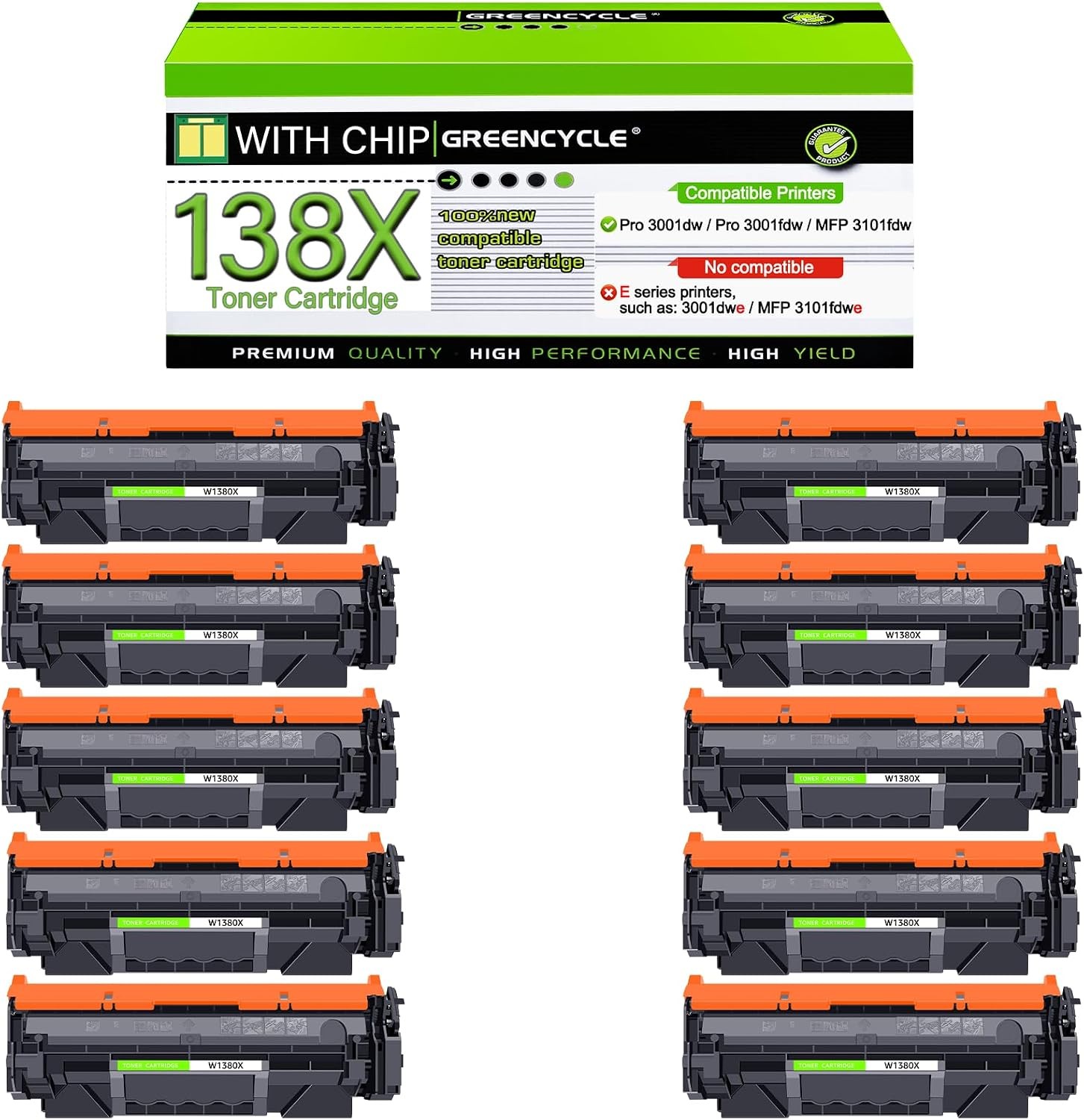GREENCYCLE 10 Pack 138X W1380X Black Toner for HP 3001dw 3001fdw MFP 3101fdw