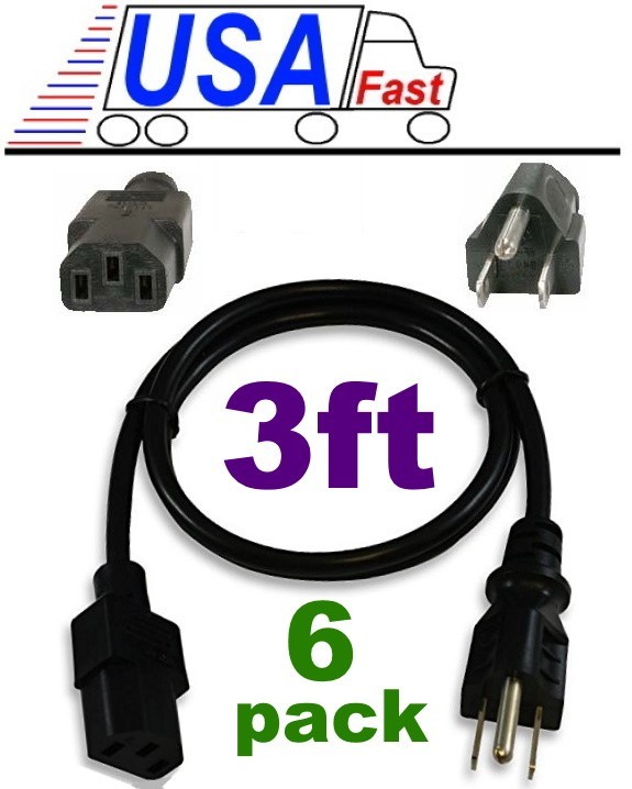 Lot6pack 3ft 18awg Short Standard Power Cord/Cable/Wire PC/TV/Printer IEC320 C13