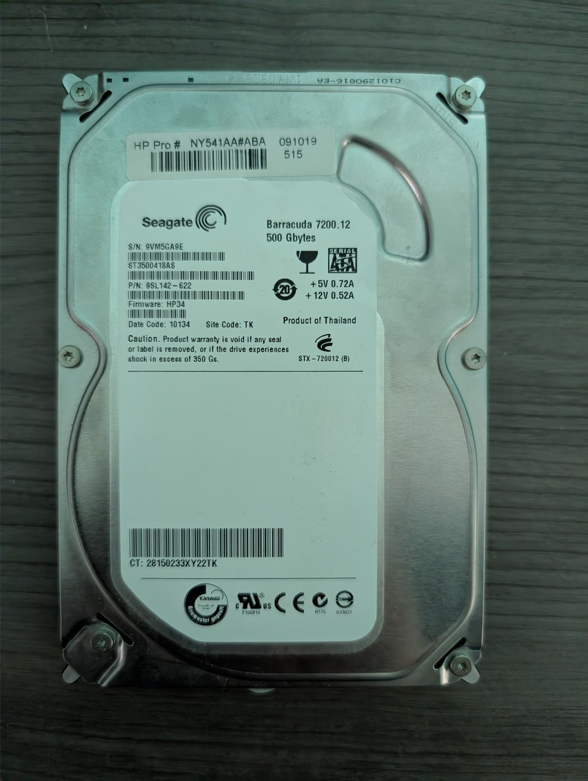 SEAGATE BARRACUDA ST3500418AS 500GB SATA HARD DRIVE P/N: 9SL142-622 FM: HP34