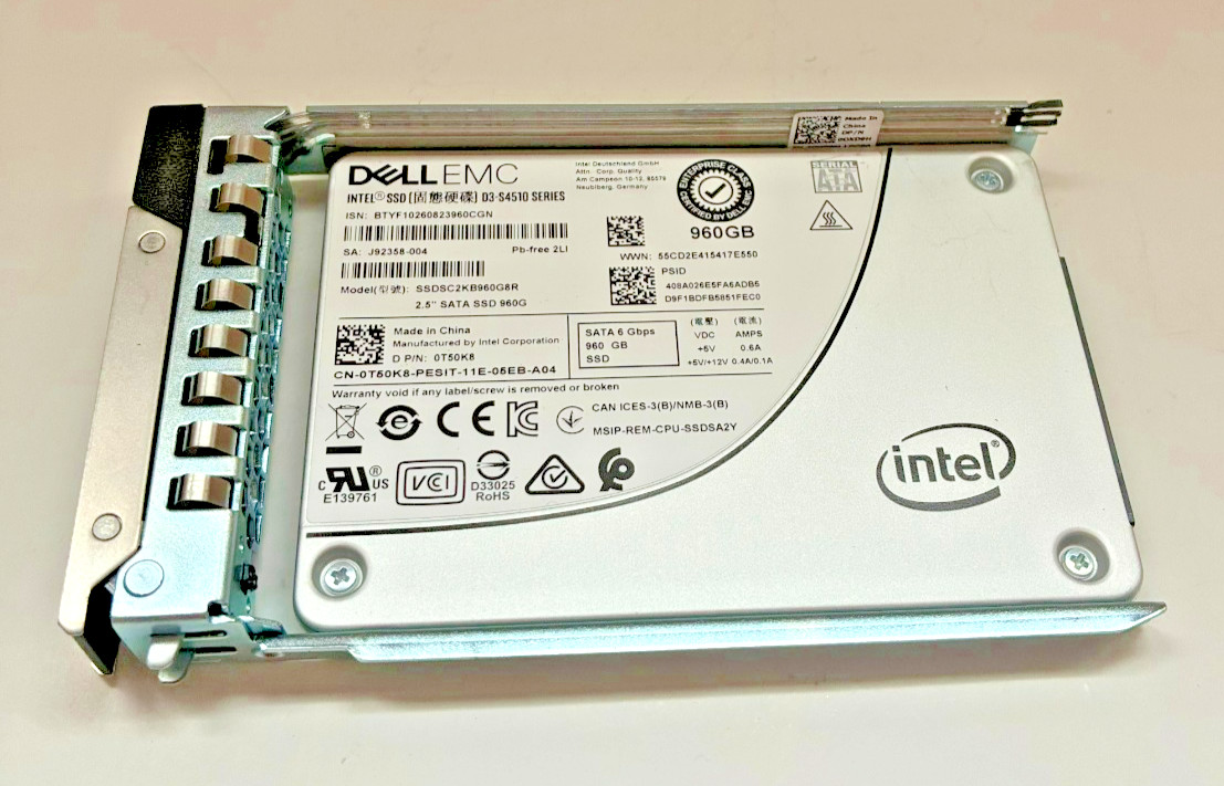 Dell EMC 0T50K8 Intel D3-S4510 960GB SATA Enterprise SSD 99% Health w/ Caddy
