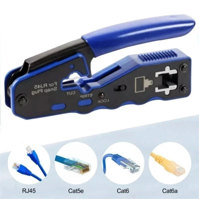 RJ45 Pass Through Crimp Tool - Strips Cuts Crimps Cat5 Cat5e Cat6 Connectors