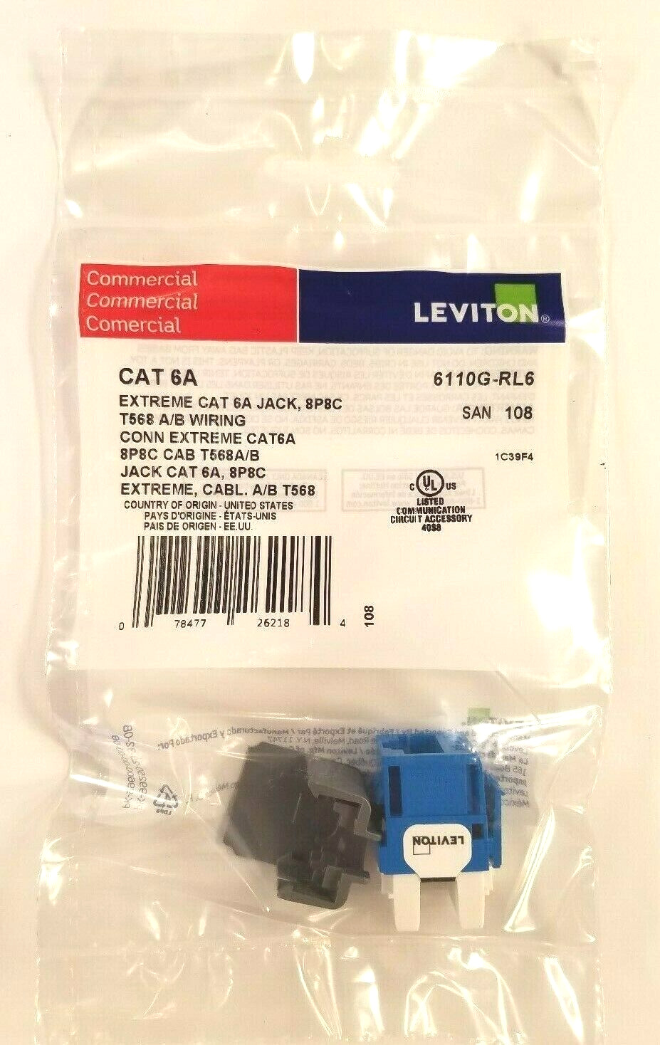6110G-RL6 Cat 6A Leviton 10G eXtreme QuickPort 110 Jack, Channel-Rated, Blue