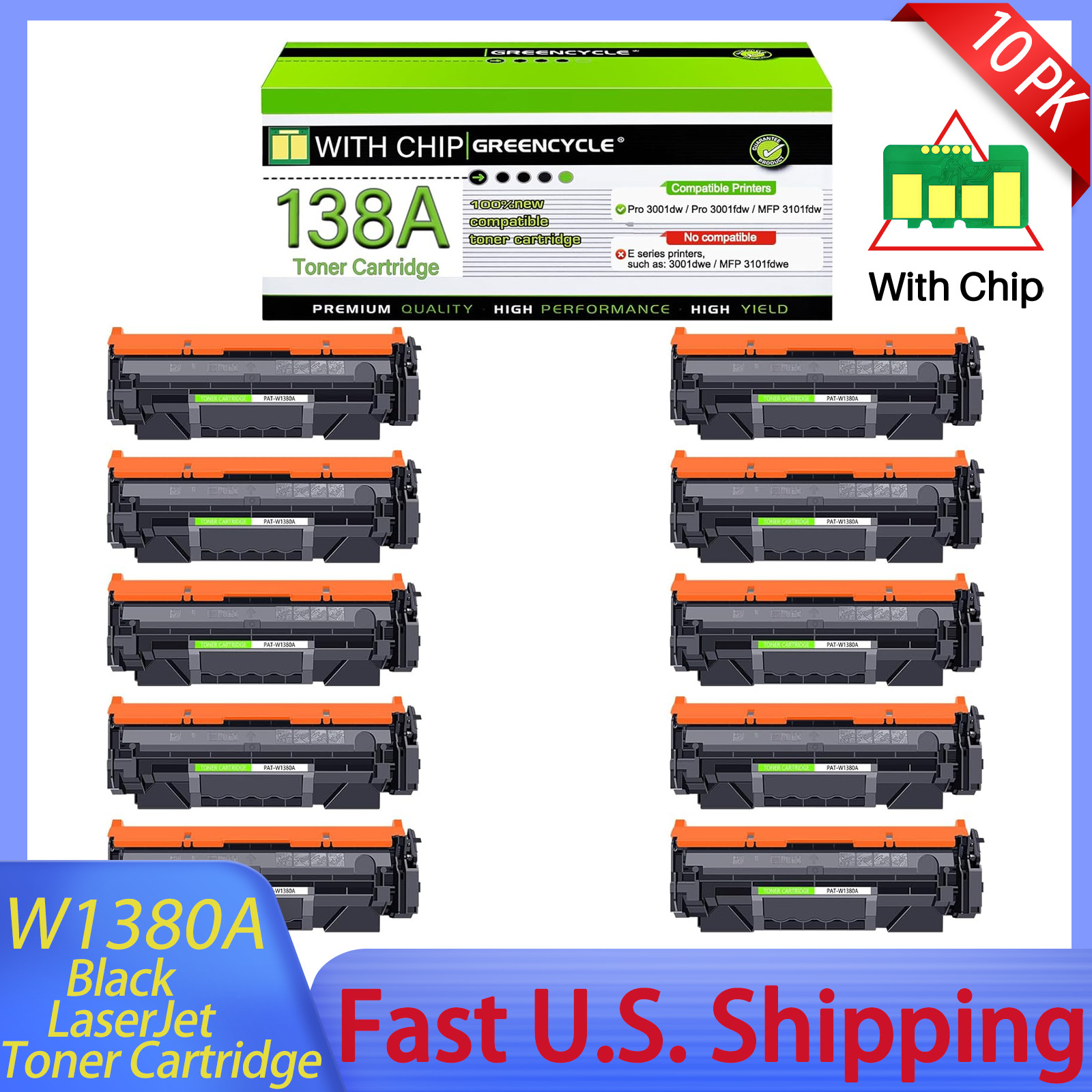 10x 138A  (With Chip) Black Toner For HP LaserJet Pro 3001fdw 3001dw MFP 3101fdw
