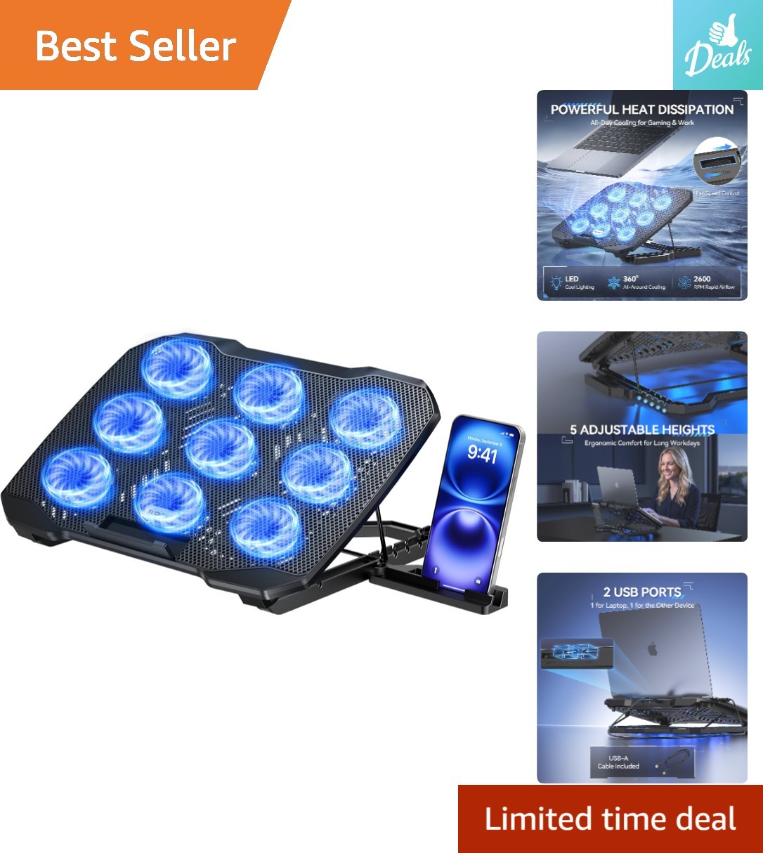 Laptop Cooling Pad with Height Adjustment, 9 Fans, Universal Fit 12-17"